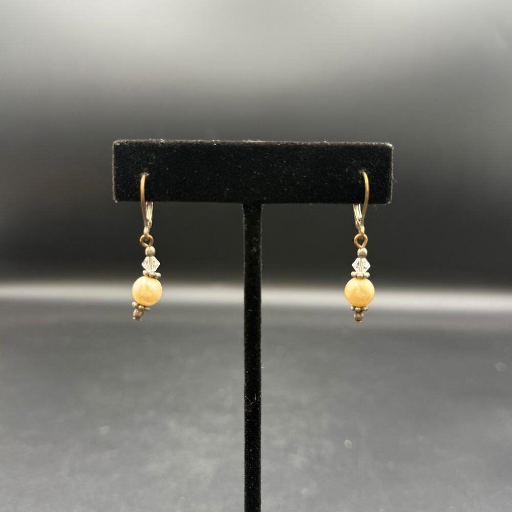 Vintage Beaded Faux Pearl Dangle Earrings Crystal Accents Silver Tone